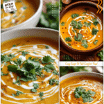 Golden squash curry soup in a bowl topped with fresh cilantro and a swirl of cream.